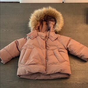 Zara Cozy pink Puffer Jacket with Faux Fur Hood